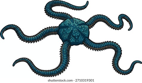 Ilustración vectorial de una Estrella Frágil azul u Ofiuroide. Un equinodermo marino con largos brazos flexibles aislados sobre un fondo blanco. Diseño de criatura de mar profundo.