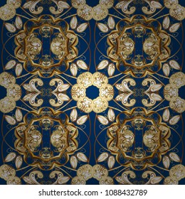 Vector illustration. Blue, brown and beige colors with gold elements. Vector golden pattern. Oriental style arabesques. Seamless golden textured curls.