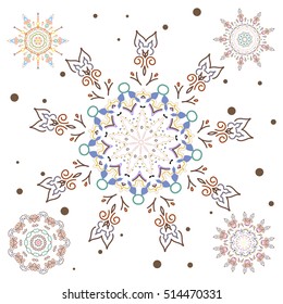 Vector illustration. Blue and brown Christmas set with abstract snowflakes and dots on a white background.