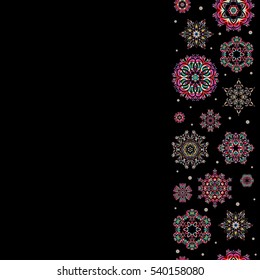 Vector illustration with blue and brown isolated snowflakes. Beautiful decoration with copy space (place for your text). Symbol of winter. Vertical isolated watercolor snowflakes on black background.