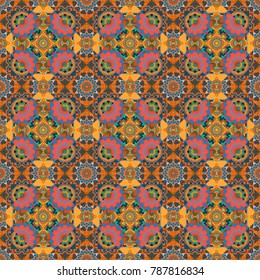 Vector illustration. Vector blue, brown and orange simple mandala optical illusion, psychedelic trippy abstract seamless pattern texture.