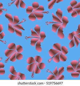 Vector illustration. Vector illustration of blue, brown and pink hibiscus flowers. Seamless pattern with blue, brown and pink flowers.