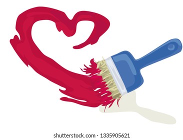 Vector illustration of blue brush with red color paint on the top and color painted with brush stroke line in to heart shape isolated on white background and drop shadow.