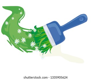 Vector illustration of blue brush with spring motive and green color paint on the top and color painted with brush stroke line with little spring flowers isolated on white background and drop shadow.