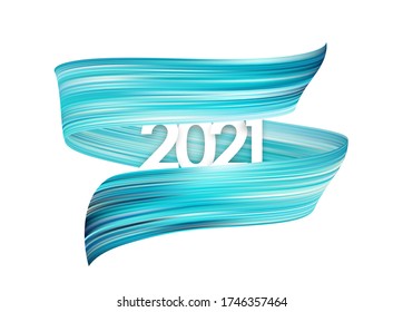 Vector illustration: Blue brush stroke oil or acrylic paint with New Year 2021. Poster trendy design