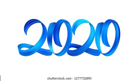 Vector illustration: Blue Brushstroke acrylic paint lettering calligraphy of 2020 on white background. Happy New Year