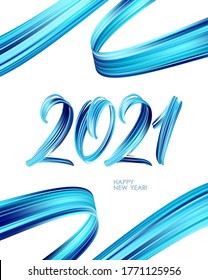 Ilustración del vector: Pintura acrílica azul pincelada caligrafía de 2021 sobre fondo blanco. Feliz Año Nuevo
