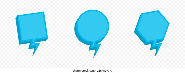 Ilustración vectorial del conjunto de iconos de chat de burbuja azul. Con tres formas en un fondo transparente (PNG). Ilustración vectorial 3D creativa