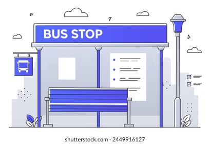Vector illustration of a blue bus stop with a bench, schedule, and lamp post on a light background, conveying urban public transport. Line art style flat vector illustration