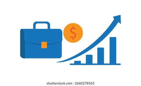 Ilustración vectorial de un maletín de negocios azul con un gráfico de barras en aumento y una moneda en dólares, que representa el crecimiento financiero, la inversión y el éxito corporativo. Perfecto para las finanzas, la economía o la empresa emergente