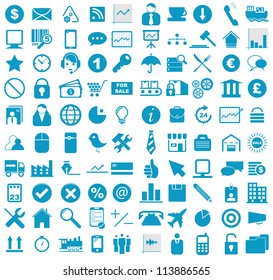 Vector illustration of blue business, media, internet, transportation icons.