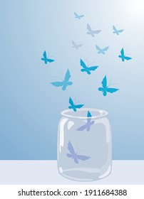 Vector Illustration Of Blue Butterflies Flying Away From Glass Jar