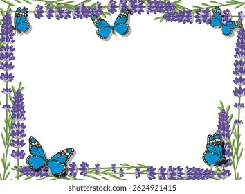 Ilustração vetorial de borboletas azuis com uma borda floral lavanda. Cores vibrantes e composição simétrica criam uma estética serena
