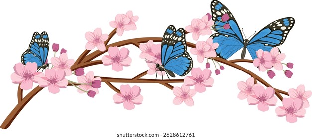 Vector illustration of blue butterflies resting on a cherry blossom branch. Vibrant colors and detailed composition enhance the natural beauty