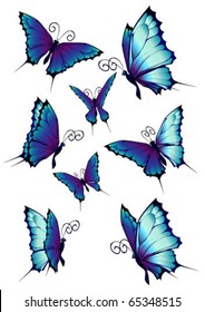  Vector illustration of blue butterflies set.