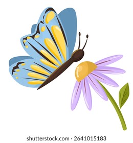 vector illustration of a blue butterfly hovering over a blooming flower with purple petals and a green stem