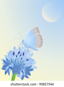 vector illustration of a blue butterfly resting on a cornflower in eps 10 format