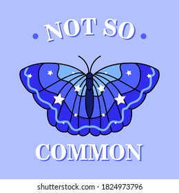 VECTOR ILLUSTRATION OF A BLUE BUTTERFLY WITH STARS INSIDE, SLOGAN PRINT