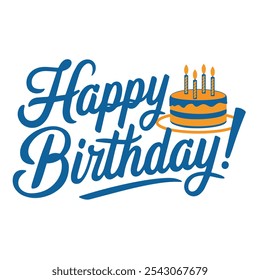 A vector illustration of a blue calligraphy text lettering Happy birthday with a cake on a white background
