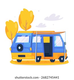 Ilustração vetorial de um carro de acampamento azul representando férias de aventura ou exploração.
