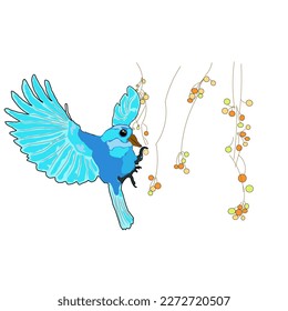 Vector illustration of blue canary bird perched on fruit tree, flying bird, wildlife of canary