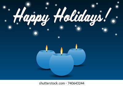 Vector illustration of blue candle with fire and "Happy holidays!" text in white color on blue background. For Christmas and New year holidays.