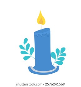 Vector illustration of blue candle holder with burning candle and twigs. Christmas elements in flat shape isolated on white background.