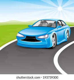 Vector illustration. Blue car on the road.