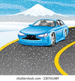 Vector illustration. Blue car on the road. 