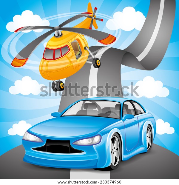 Vector\
illustration. Blue car and orange\
helicopter.