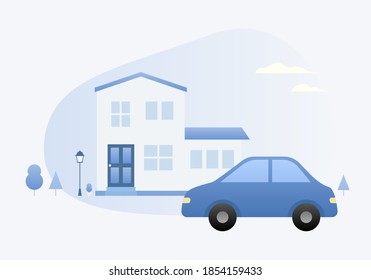 Vector Illustration of blue car and second floor  house.