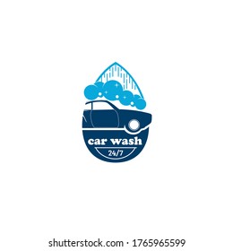 Vector illustration of blue car showered by water drops and bubbles with text 24/7 in location sign isolated on white background fit for car wash logo