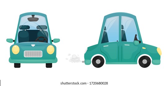 Vector illustration with a blue cartoon car. Side and front view. Private car.