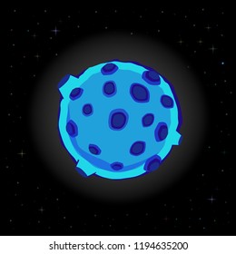 Vector illustration of blue cartoon full moon with brown craters glowing in the night sky among the sparkling stars. Digital design element, card, flyer, template.