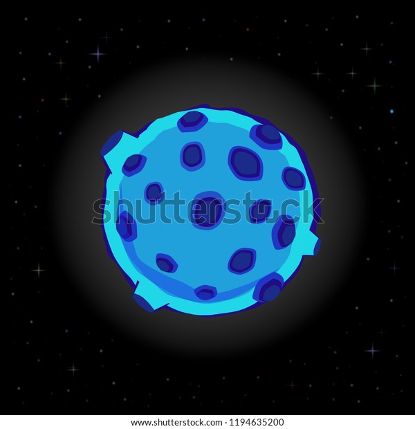 Vector illustration of blue\
cartoon full moon with brown craters glowing in the night sky among\
the sparkling stars. Digital design element, card, flyer,\
template.