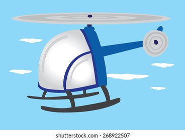 Vector illustration of blue cartoon helicopter with round wraparound glass flying in mid air.