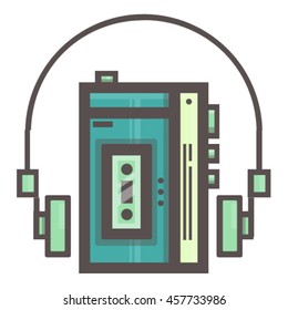 Vector illustration of blue cassette player with headphones on white background.