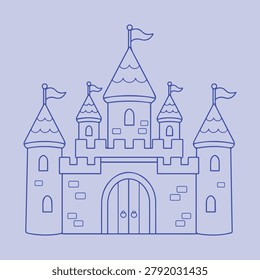 Vector illustration of a blue castle with pointed spires and flags on a light blue background