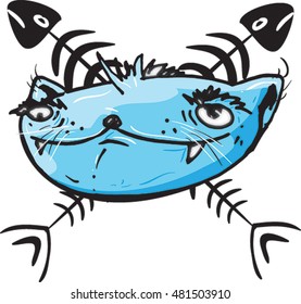 Vector illustration of a blue cat with crossed fish bones