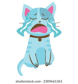 vector Illustration blue cat crying regrettedun unhappy. sad face isolated on a white background.