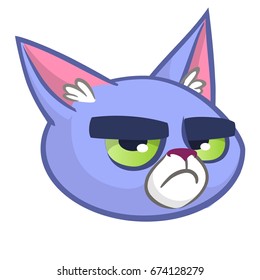Vector illustration of blue cat head  cartoon style. Grumpy cat cartoon icon, emblem or logo