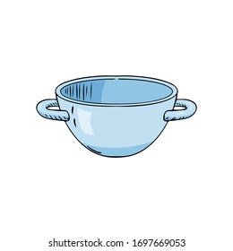 Vector illustration of a blue ceramic bowl in doodle style. Hand-drawn kitchen utensils, sketch isolated on white background.