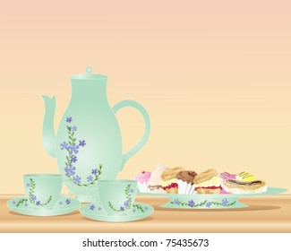 vector illustration of a blue ceramic teapot and cups with floral decoration and a plate of assorted confectionery for afternoon tea in eps 10 format