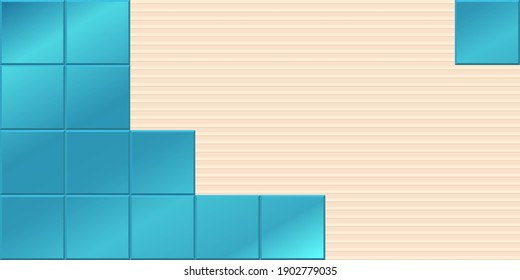 Vector illustration blue ceramic tiles installing with adhesive. Realistic tiles and tile adhesive in flat cartoon style. Tile glue for laying tiles on floors and walls. Construction material.