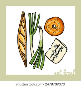 Vector illustration of a blue cheese cut, fresh baguette, bagel and leek. Freehand ink drawing, graphic style. Beautiful local food manufacturers design elements. Healthy eating illustration