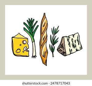 Vector illustration of a blue cheese cut, a twig of rosemary, fresh baguette, emmental cut and leek. Freehand ink drawing, graphic style.  Healthy eating illustration