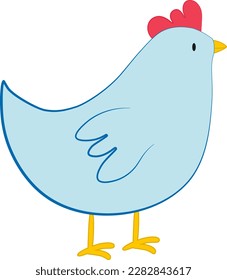 Vector illustration of blue chicken character in cartoon style. Digital farm chicken icon for Easter design