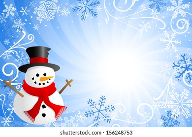 vector illustration of a blue christmas background with a snowman