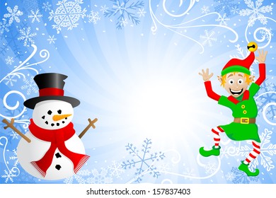 vector illustration of a blue christmas background with a snowman and an elf