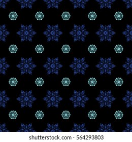 Vector illustration. Blue Christmas frame with abstract snowflakes and dots on black background.